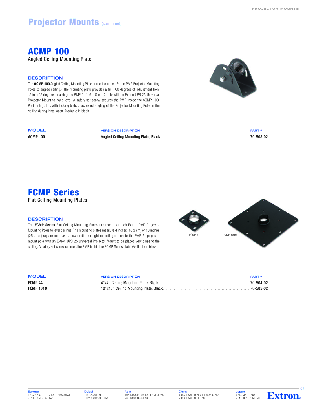 Extron electronic PCM 240 specifications Acmp, Fcmp Series, Angled Ceiling Mounting Plate, Flat Ceiling Mounting Plates 