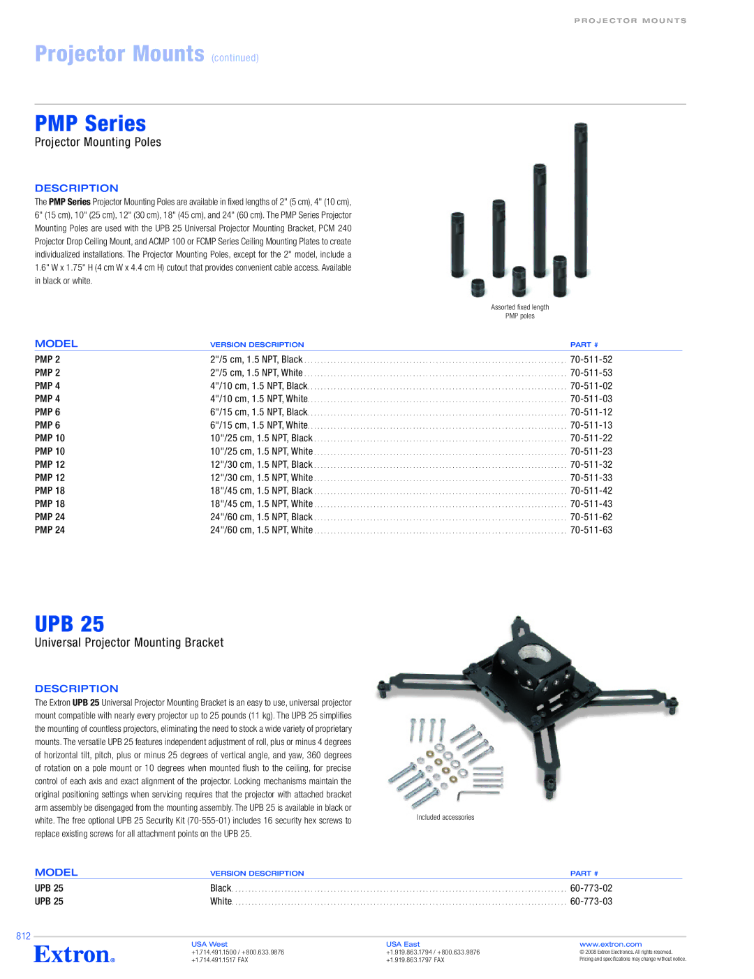 Extron electronic PCM 240 specifications PMP Series, Upb, Projector Mounting Poles, Universal Projector Mounting Bracket 