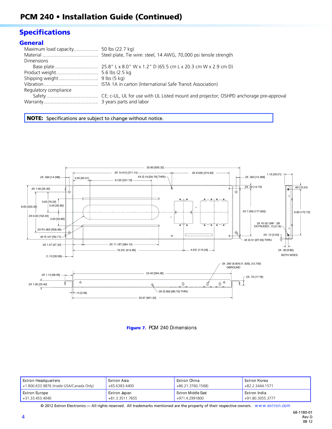 Extron electronic PCM 240 important safety instructions Specifications, General 