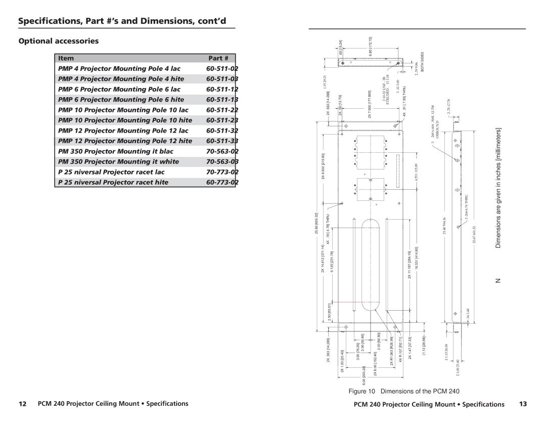 Extron electronic manual Specifications, ’s and Dimensions, cont’d, PCM 240 Projector Ceiling Mount Specifications 