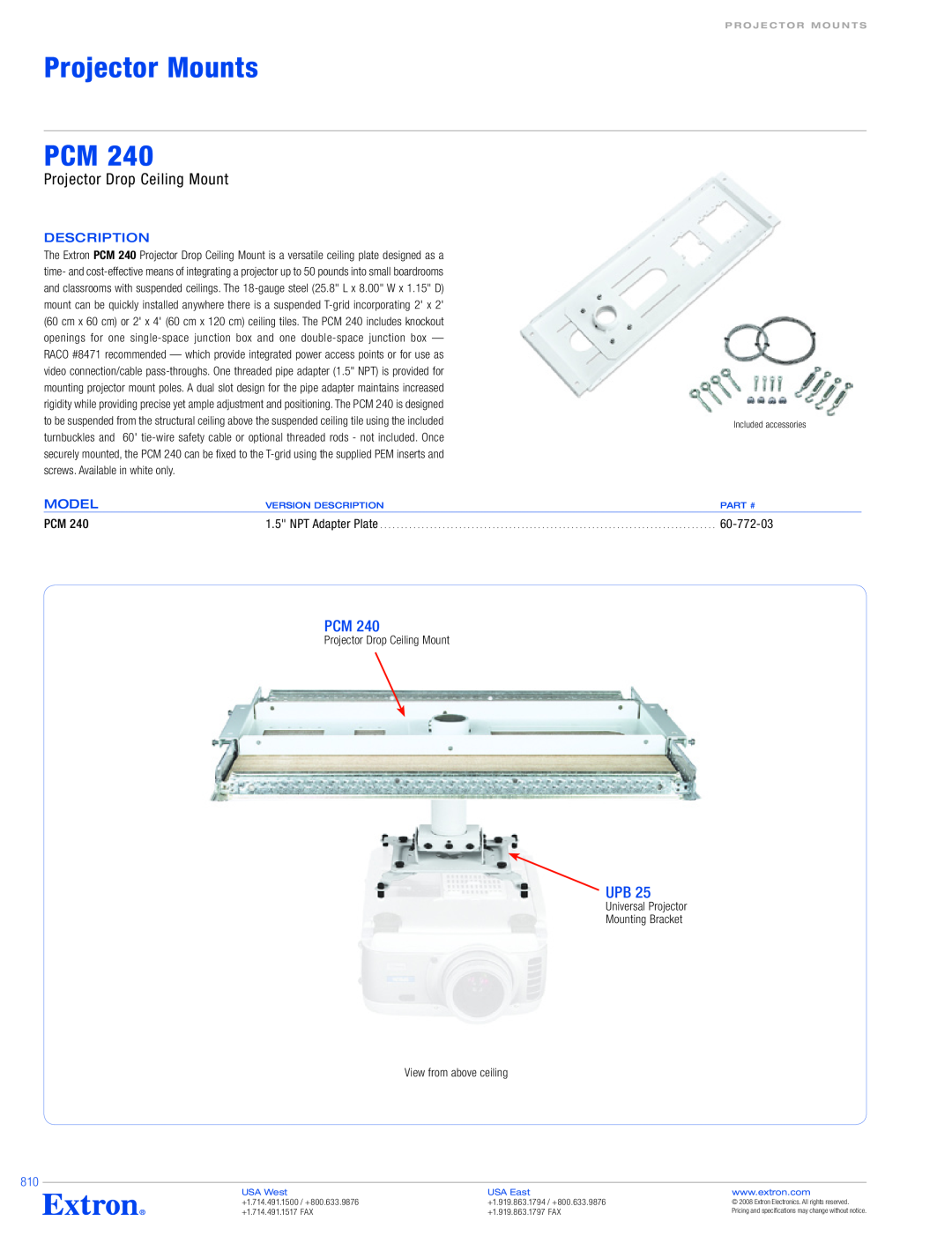 Extron electronic PCM 240 manual Projector Ceiling Mount, User’s Guide, 68-1180-01, Extron Electronics, USA, Rev. C 