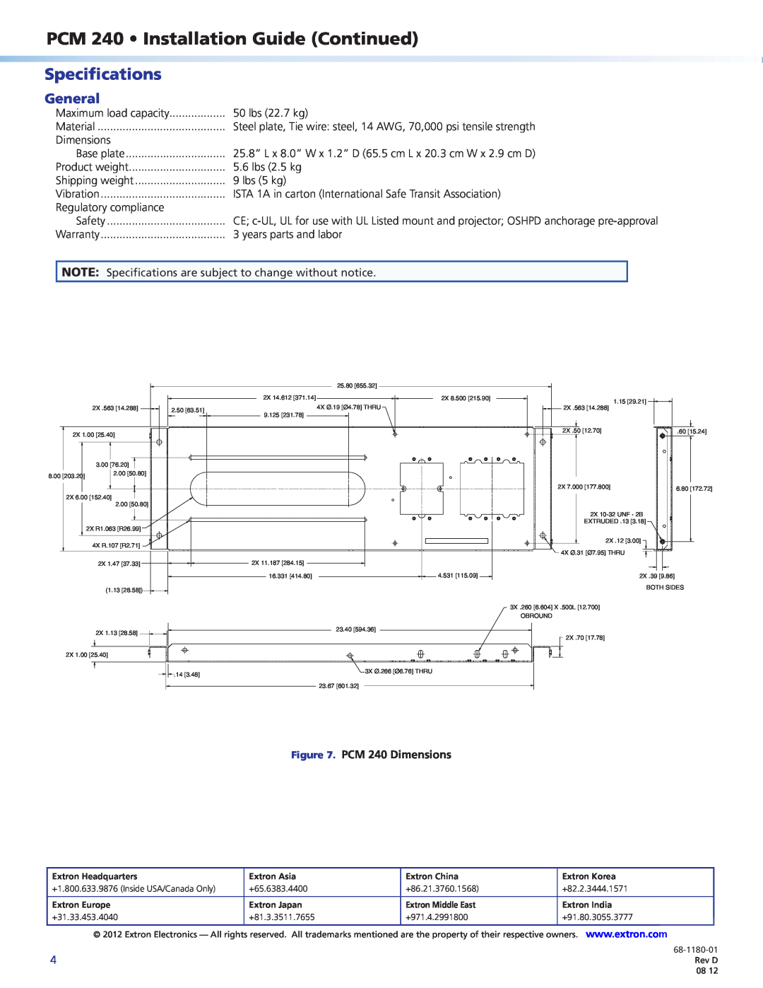 Extron electronic Specifications, General, PCM 240 Dimensions, PCM 240 Installation Guide Continued 