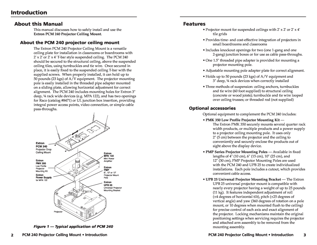 Extron electronic manual Introduction, About this Manual, Features, About the PCM 240 projector ceiling mount 