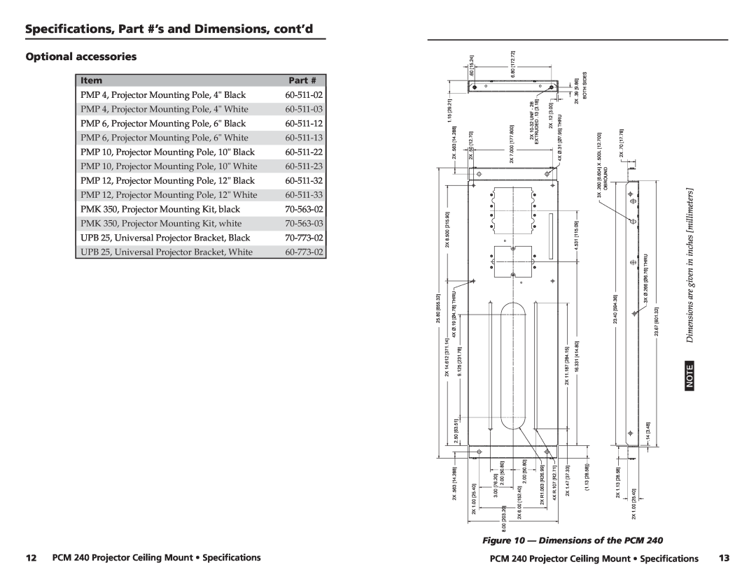 Extron electronic manual Specifications, ’s and Dimensions, cont’d, PCM 240 Projector Ceiling Mount Specifications 