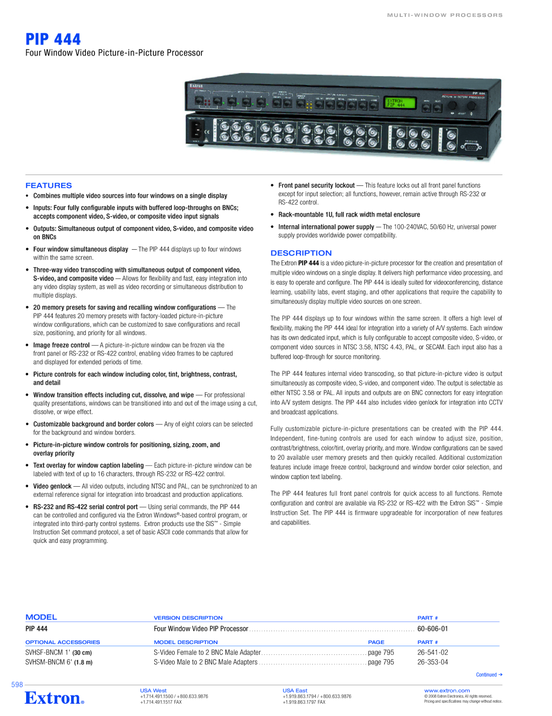 Extron electronic PIP 444 specifications Pip 