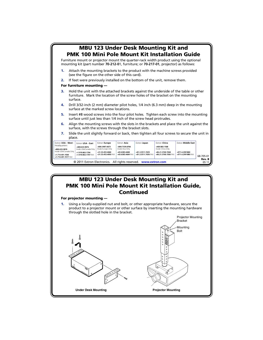 Extron electronic MBU 123, PMK 100 manual For furniture mounting, For projector mounting, Headquarters 