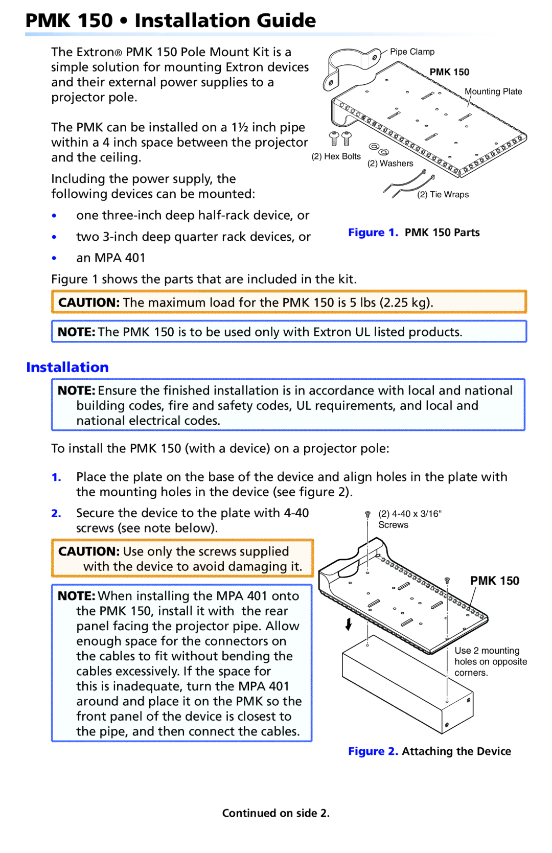 Extron electronic manual PMK 150 Installation Guide, 40 x 3/16 Screws 