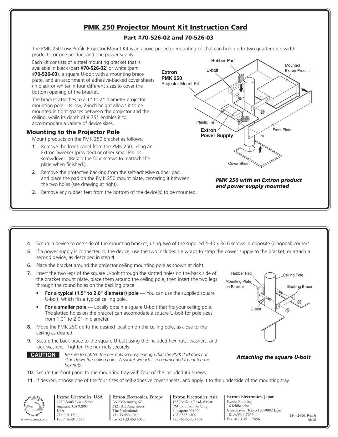 Extron electronic 70-526-03 manual PMK 250 Projector Mount Kit Instruction Card, 70-526-02, Mounting to the Projector Pole 