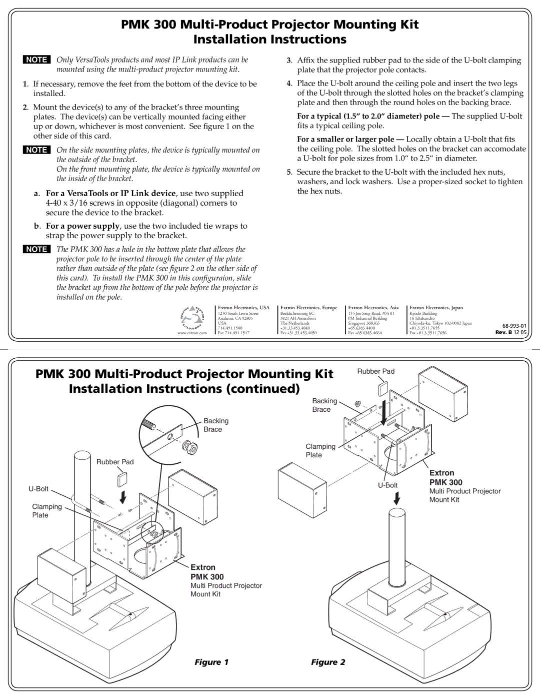 Extron electronic installation instructions PMK 300 Multi-Product Projector Mounting Kit, Installation Instructions 