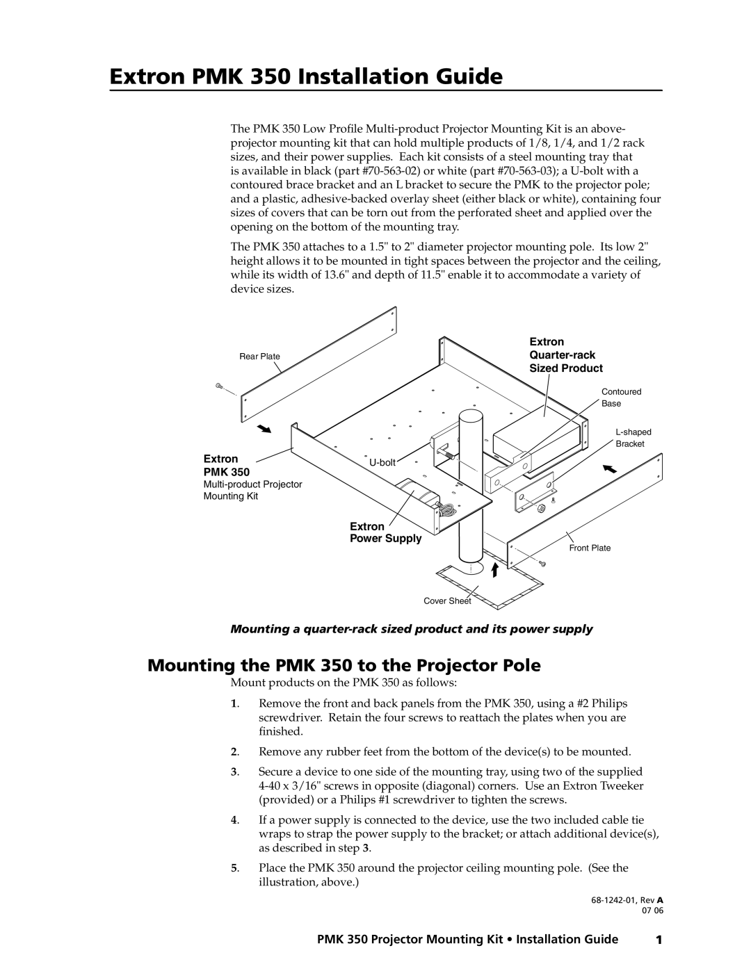 Extron electronic manual Preliminary, Mounting the PMK 350 to the Projector Pole, Extron PMK 350 Installation Guide 