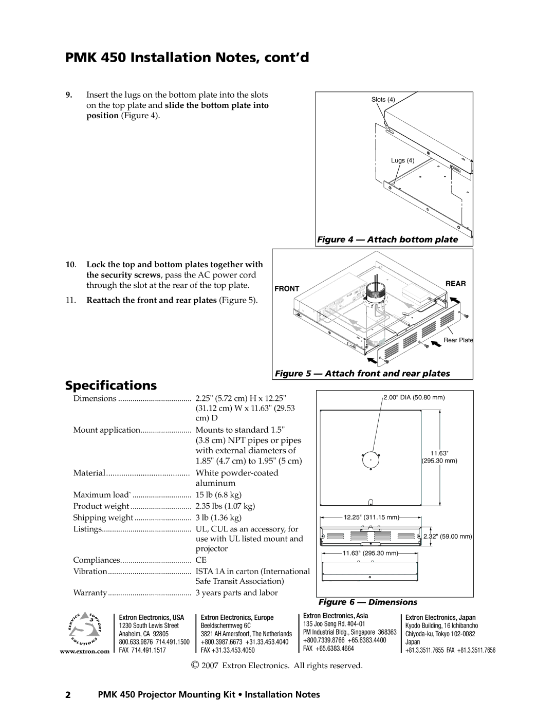 Extron electronic PMK 450 manual Specifications, Lock the top and bottom plates together with 