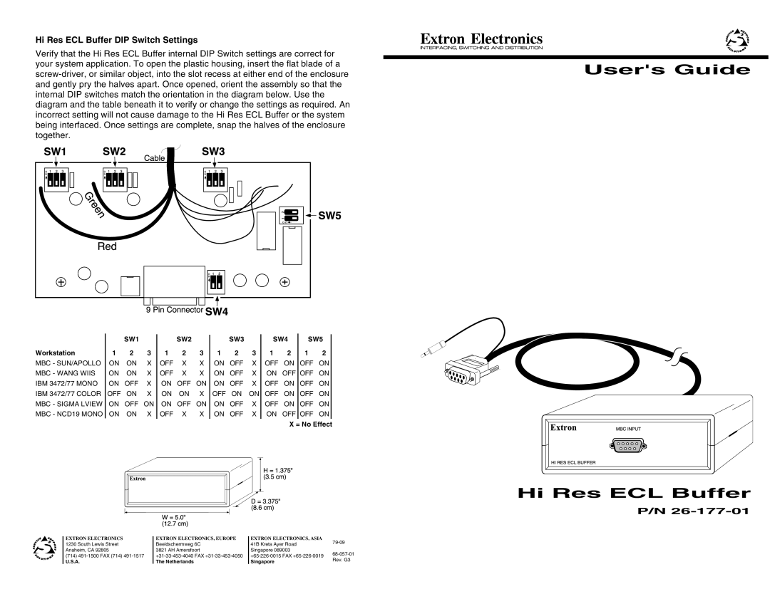 Extron electronic P/N 26-177-01 manual Users Guide, Hi Res ECL Buffer DIP Switch Settings, SW1 SW2, SW3 SW4 SW5 