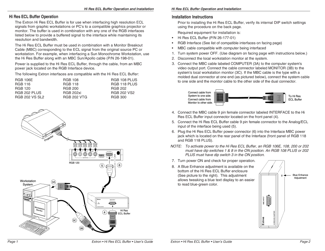 Extron electronic P/N 26-177-01 manual Hi Res ECL Buffer Operation, Installation Instructions 