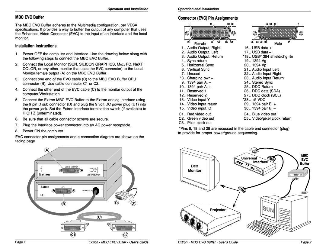 Extron electronic P/N 26-448-01 manual MBC EVC Buffer, Installation Instructions, Connector EVC Pin Assignments 