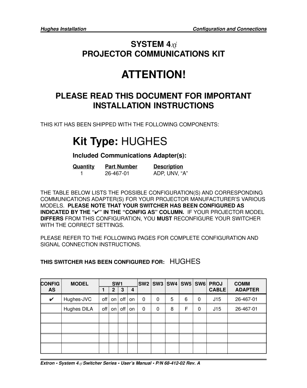 Extron electronic P/N 68-412-02 installation instructions Kit Type Hughes 