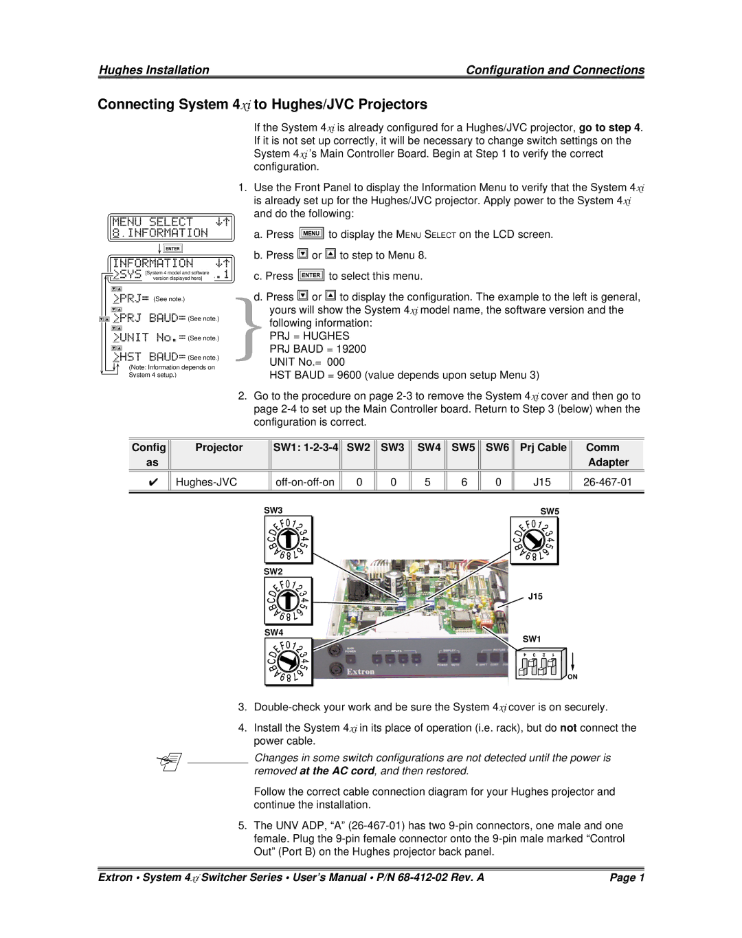 Extron electronic P/N 68-412-02 installation instructions Connecting System 4xi to Hughes/JVC Projectors, PRJ = Hughes 