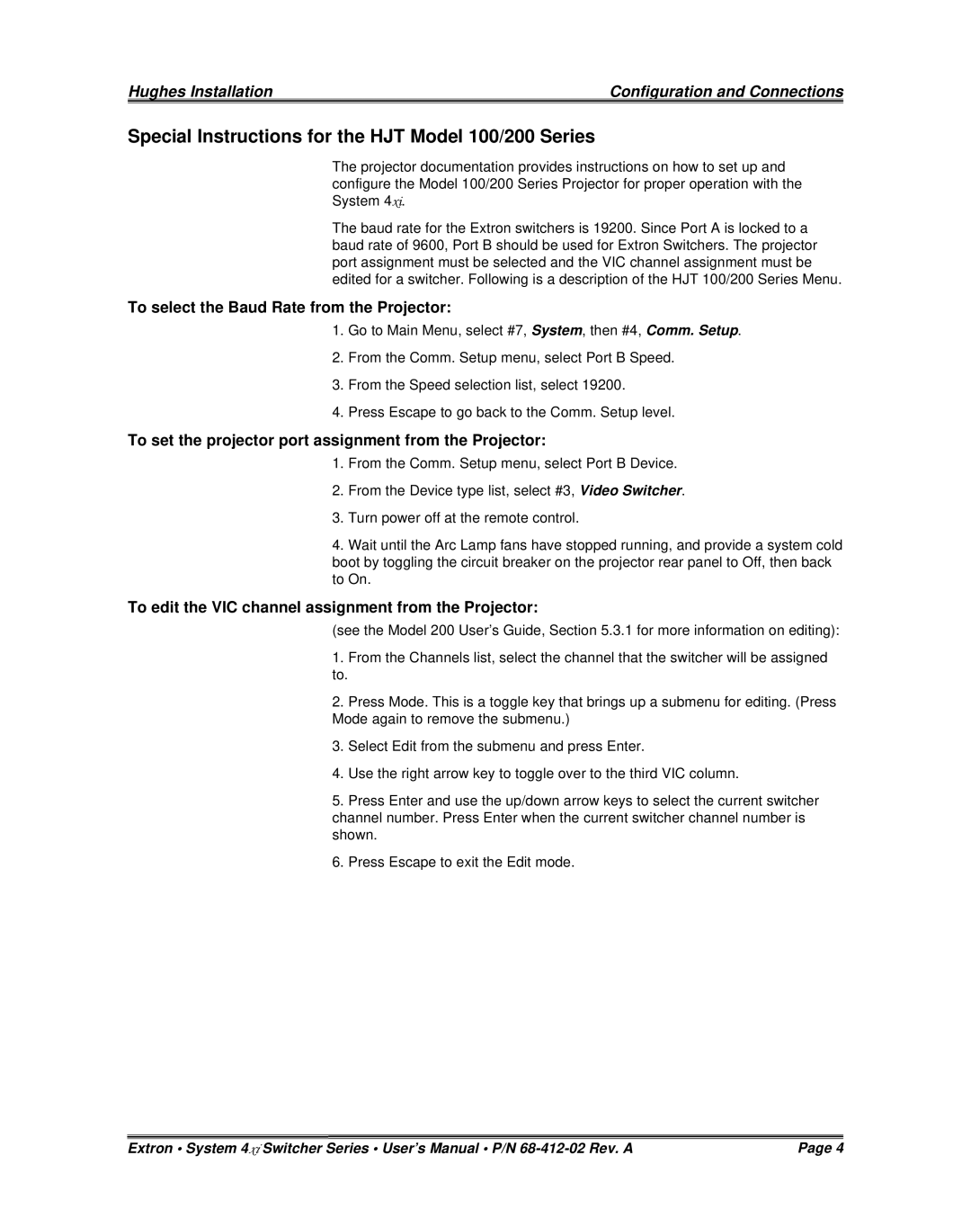 Extron electronic P/N 68-412-02 installation instructions Special Instructions for the HJT Model 100/200 Series 