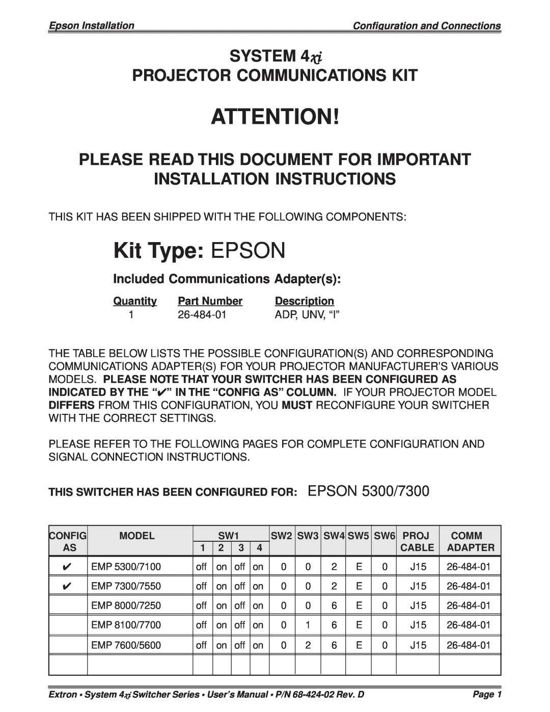 Extron electronic P/N 68-424-02 installation instructions Kit Type EPSON, System Projector Communications Kit, Quantity 