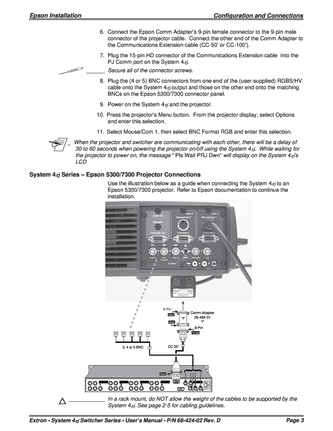 Extron electronic P/N 68-424-02 Epson Installation, Configuration and Connections, Secure all of the connector screws 