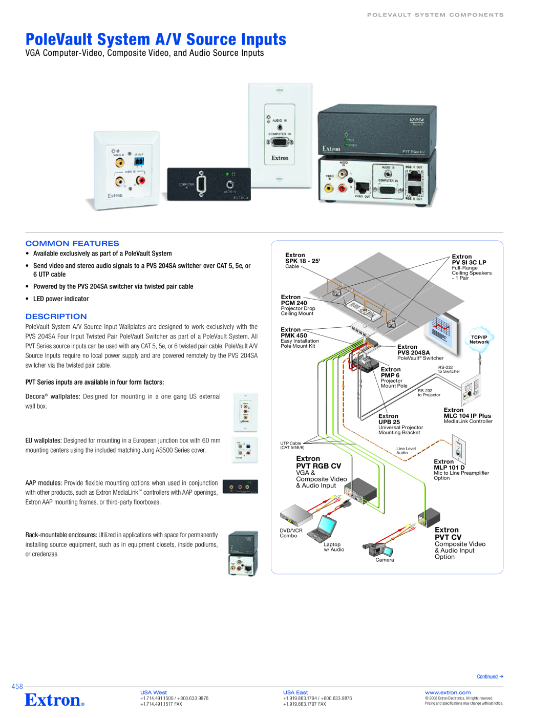 Extron electronic PoleVault System A/V Source Inputs specifications common Features, Description, Extron PVT RGB CV 