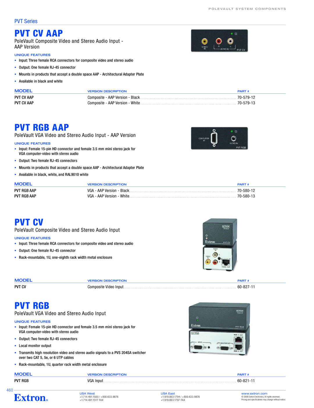 Extron electronic PoleVault System A/V Source Inputs specifications Pvt Cv Aap, Pvt Rgb Aap 