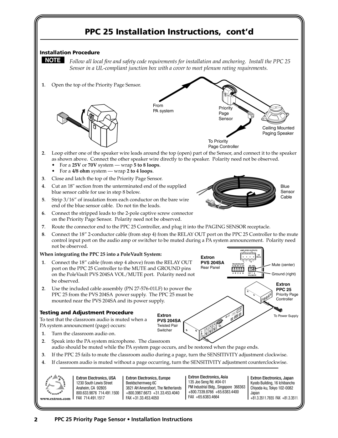 Extron electronic PPC 25 Installation Instructions, cont’d, Installation Procedure, Testing and Adjustment Procedure 