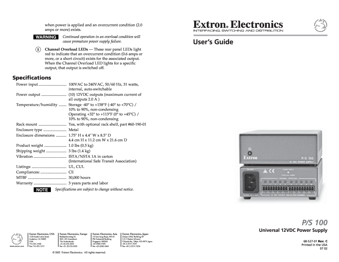 Extron electronic P/S 100 specifications Specifications, User’s Guide, Universal 12VDC Power Supply 