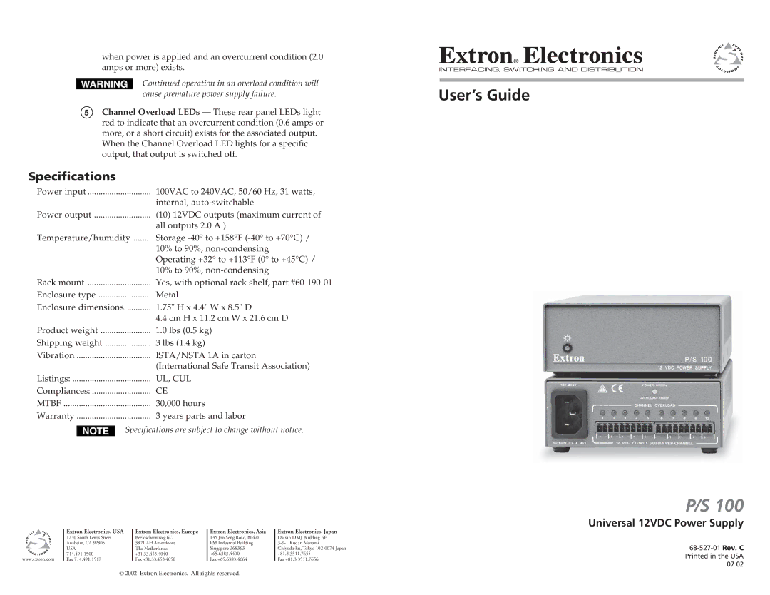 Extron electronic P/S 100 specifications User’s Guide, Specifications, Usa 