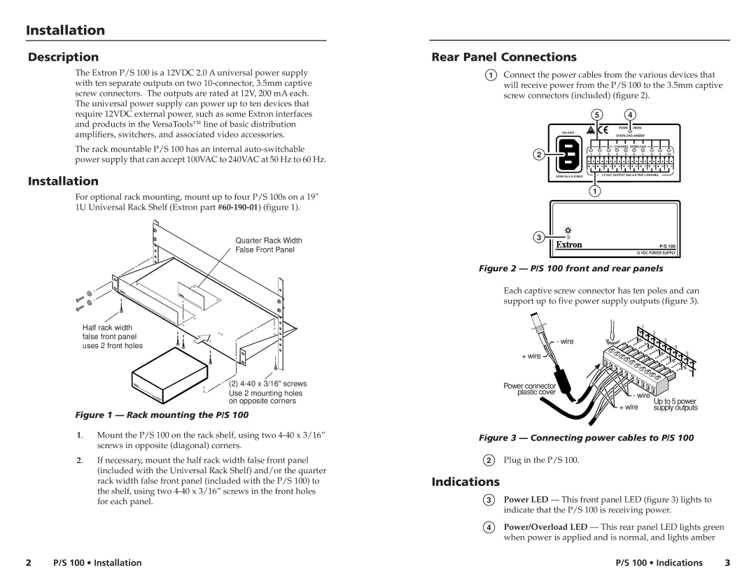 Extron electronic P/S 100 specifications Installation, Description, Rear Panel Connections, Indications 