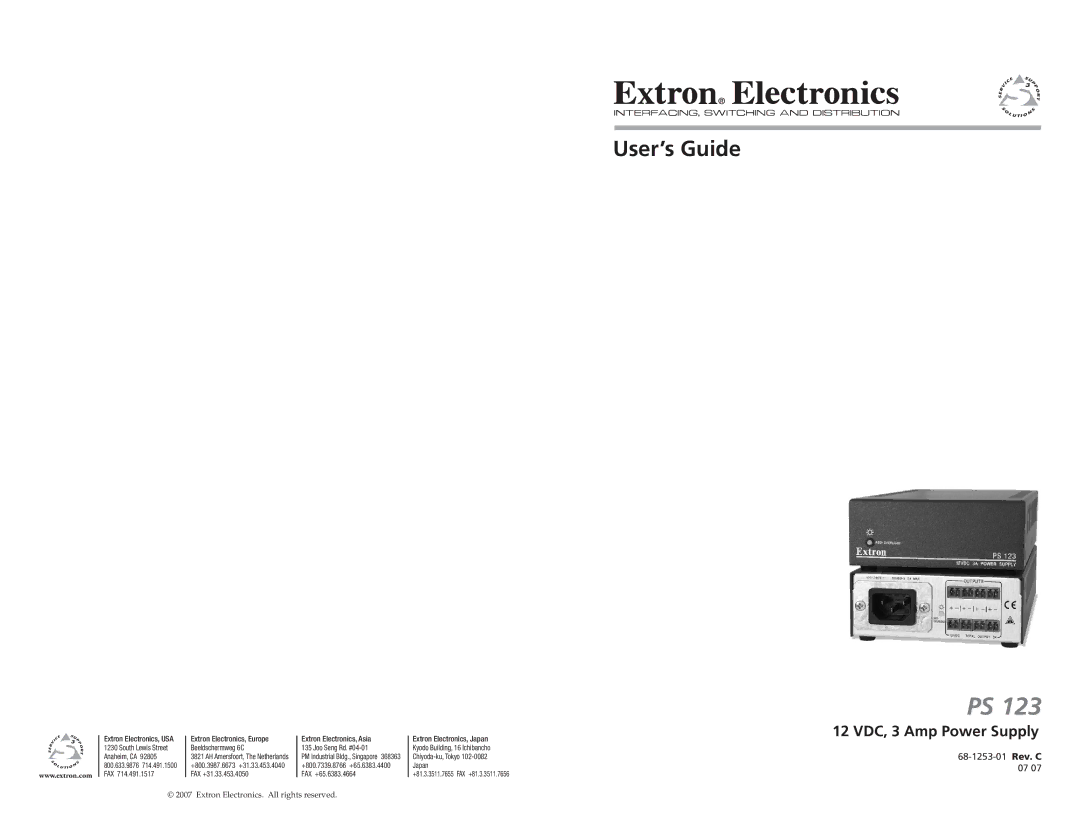 Extron electronic PS 123 manual 12 VDC, 3 Amp Power Supply, Beeldschermweg 6C Joo Seng Rd. #04-01 