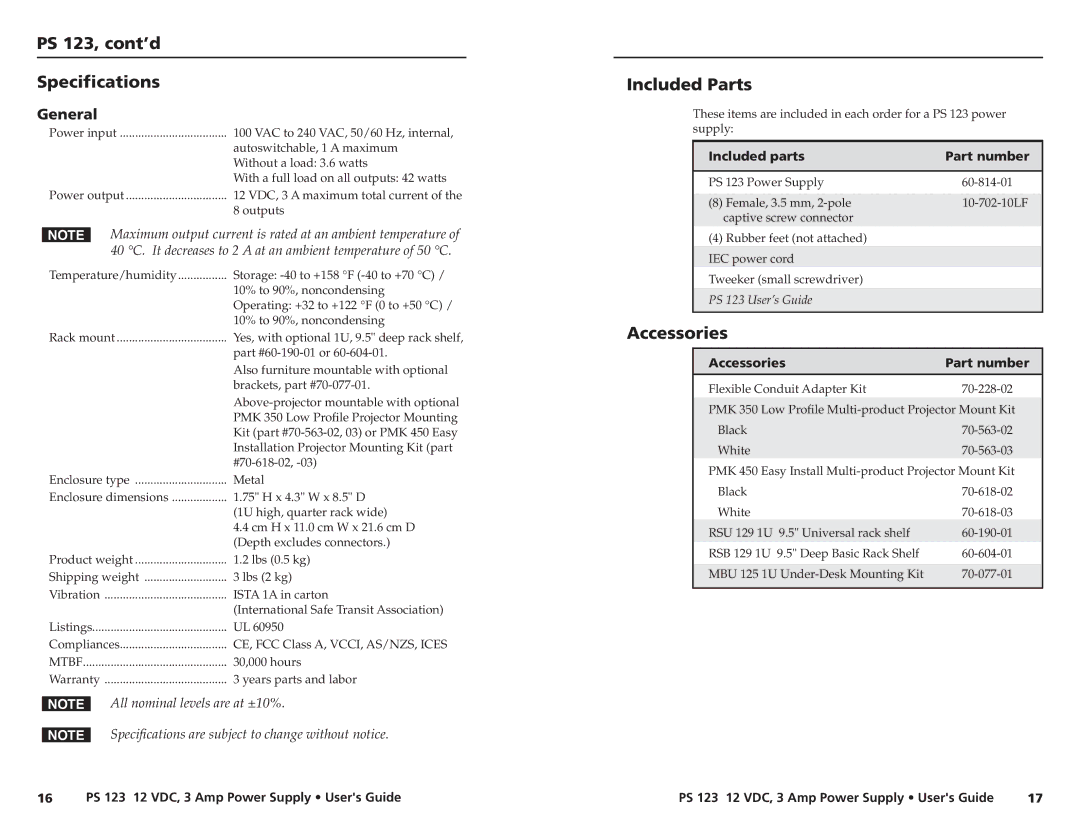 Extron electronic manual PS 123, cont’d Specifications, Included Parts, Accessories, General 