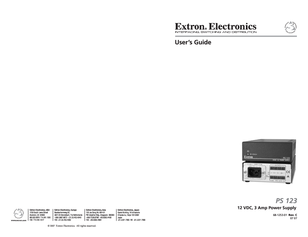 Extron electronic PS 123 manual 12 VDC, 3 Amp Power Supply, User’s Guide, 68-1253-01 Rev. C 