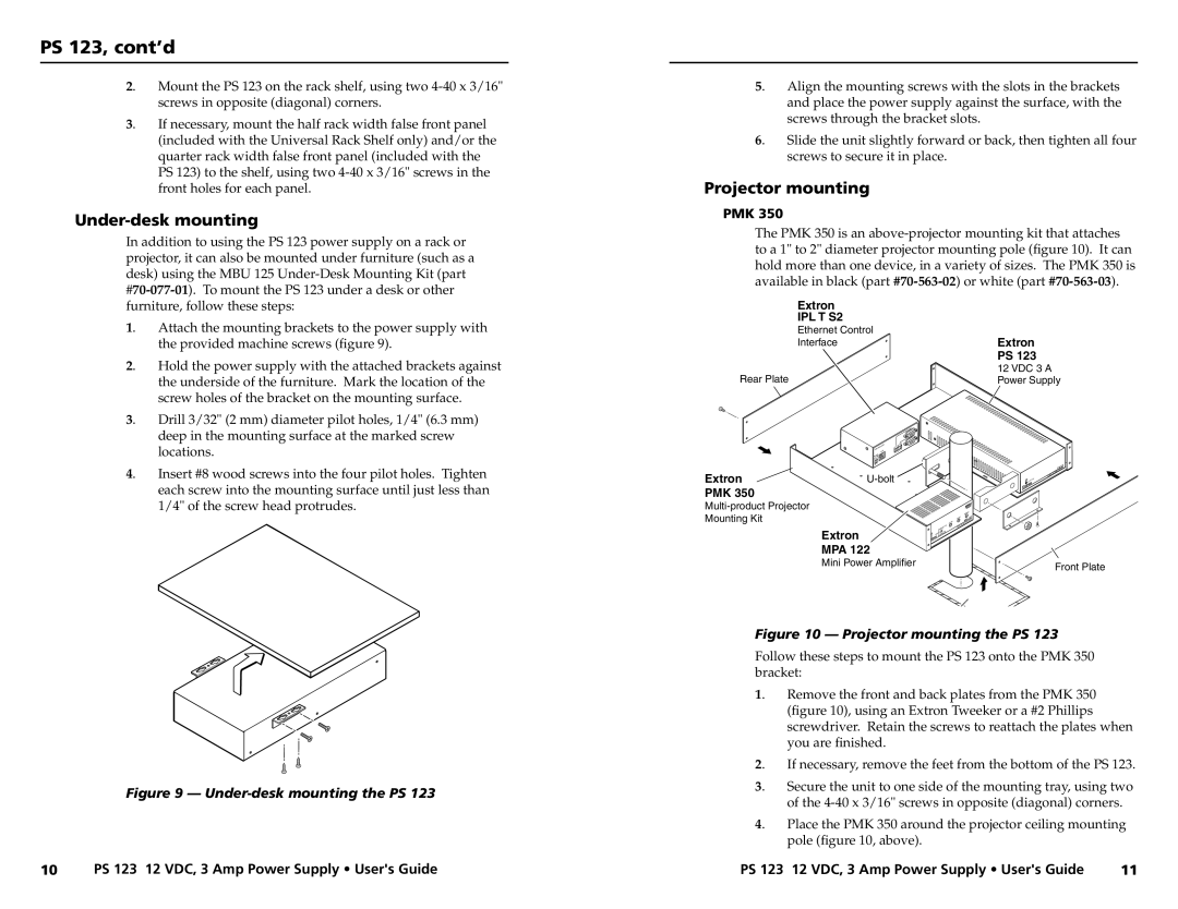 Extron electronic manual Under-desk mounting the PS, Projector mounting the PS, PS 123, cont’d 