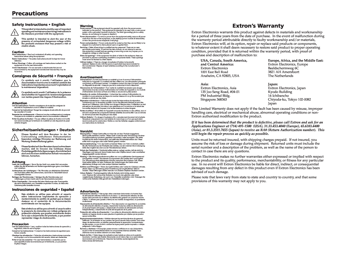Extron electronic PS 123 Precautions, Extron’s Warranty, Safety Instructions English, USA, Canada, South America, Asia 