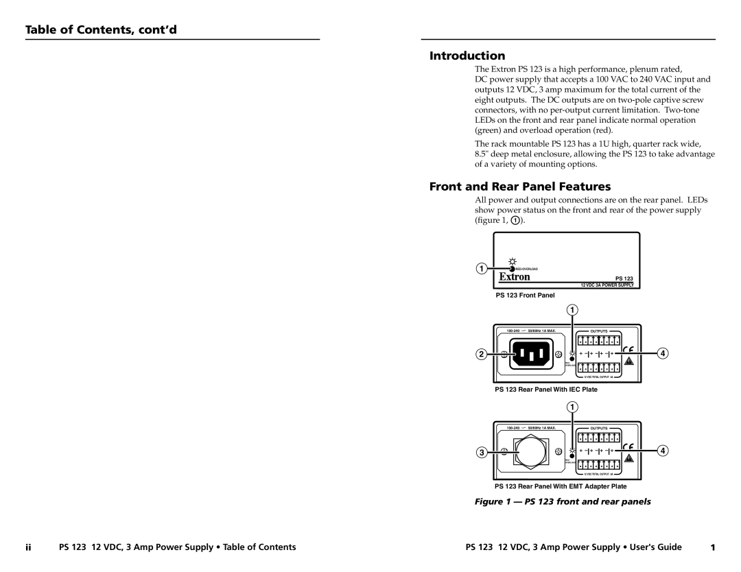 Extron electronic PS 123 manual Table of Contents, cont’d, Introduction, Front and Rear Panel Features 