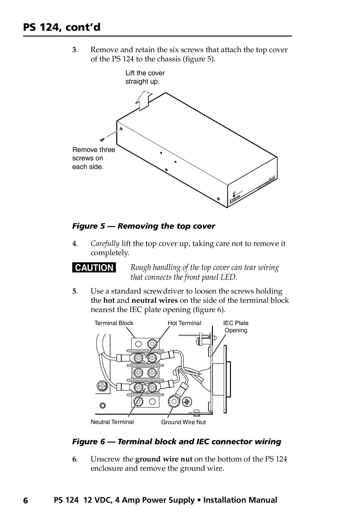 Extron electronic 6 PS 124 12 VDC, 4 Amp Power Supply Installation Manual, Removing the top cover, PS 124, cont’d 