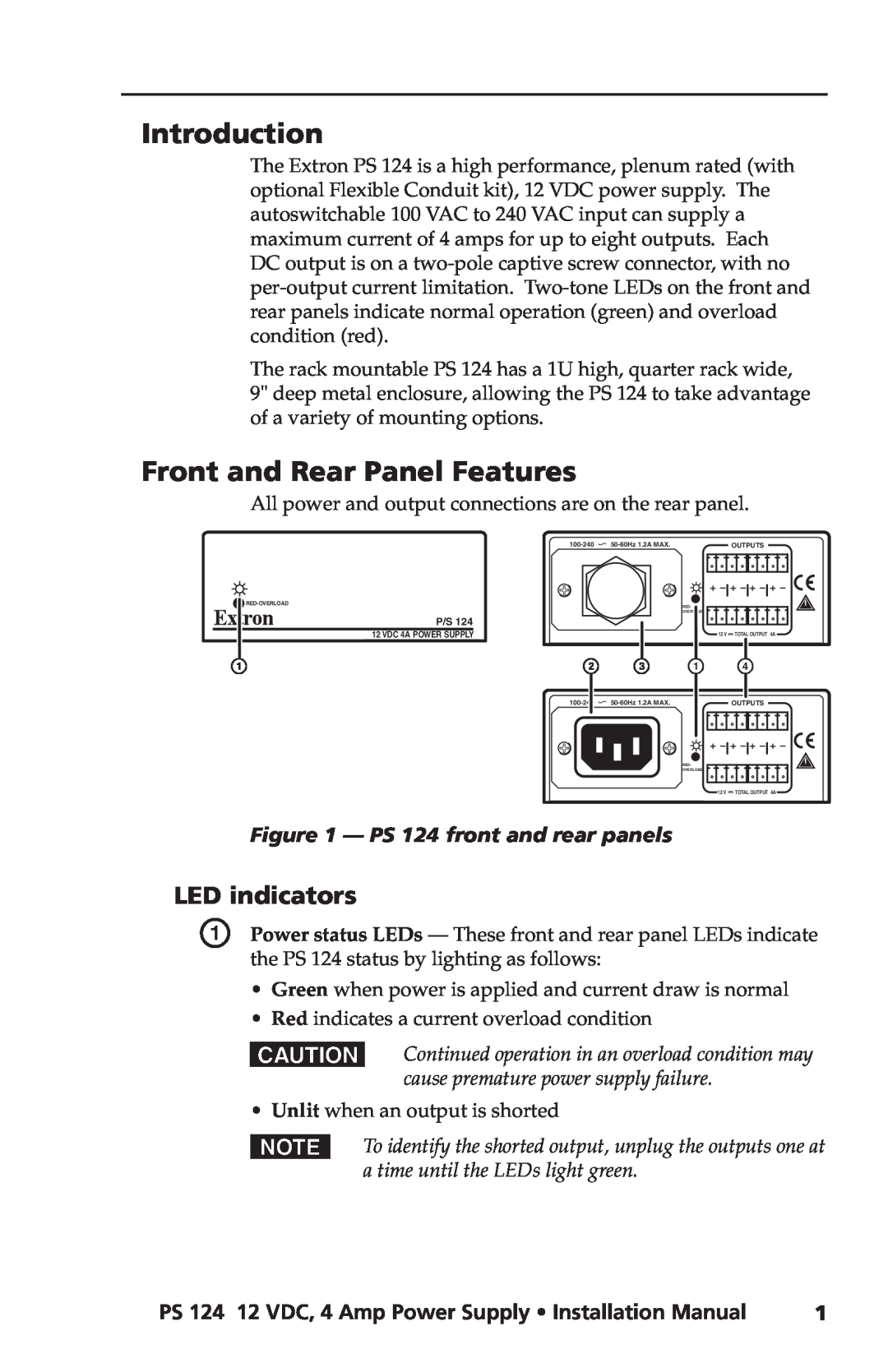 Extron electronic Introduction, Front and Rear Panel Features, LED indicators, PS 124 front and rear panels, D E C F 