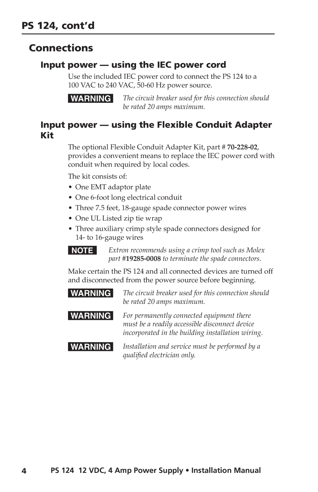 Extron electronic installation manual PS 124, cont’d Connections, Input power using the IEC power cord 