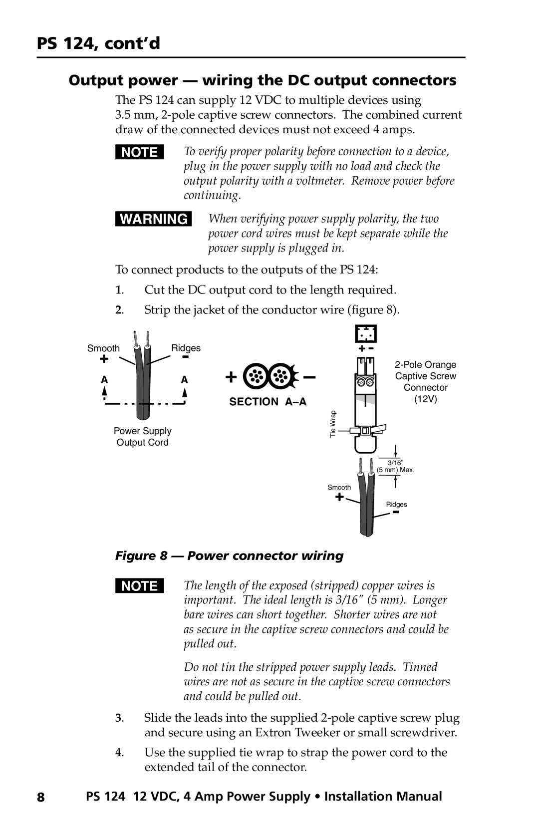 Extron electronic Output power wiring the DC output connectors, PS 124 can supply 12 VDC to multiple devices using 