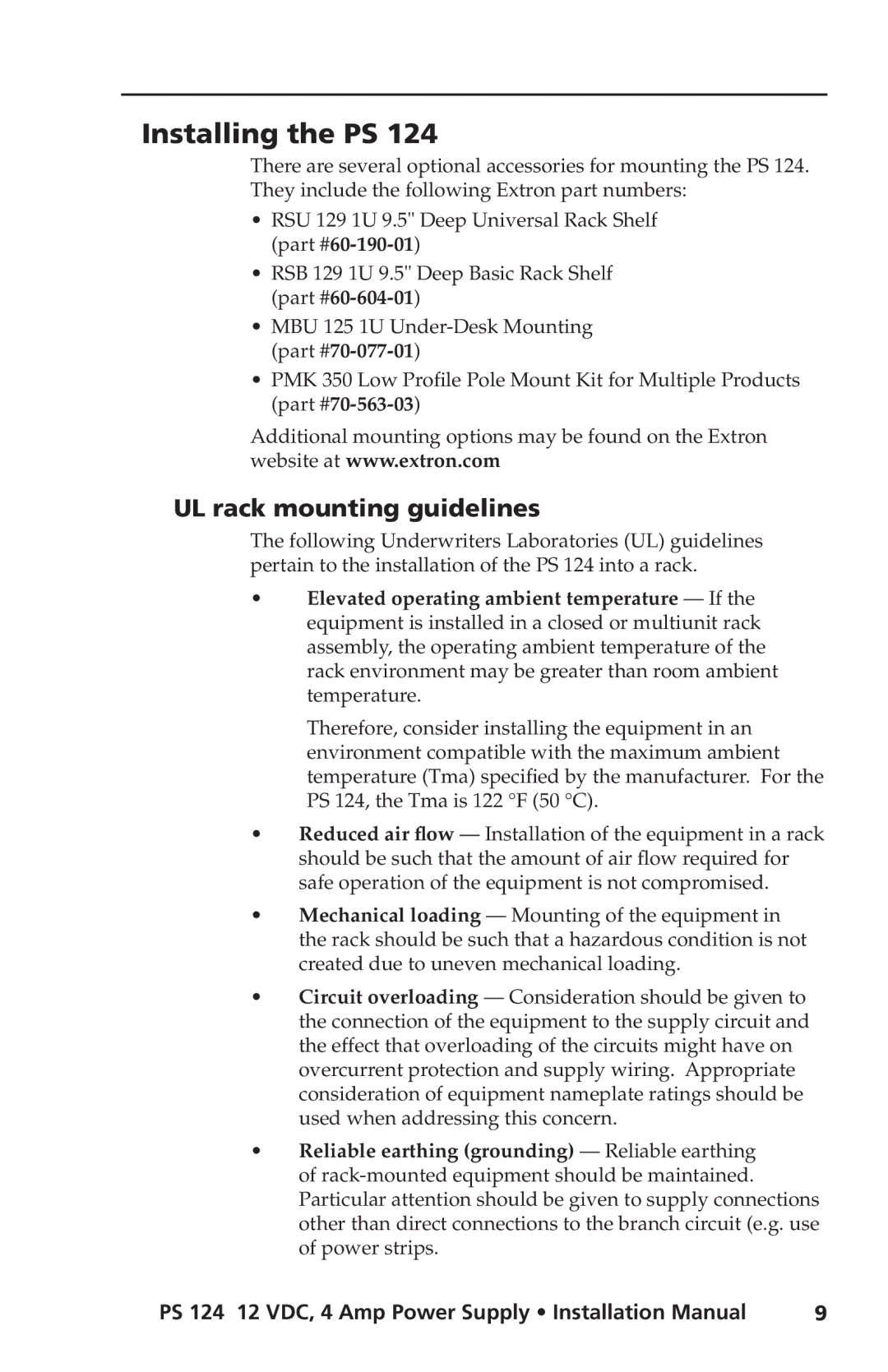 Extron electronic PS 124 installation manual Installing the PS, UL rack mounting guidelines 