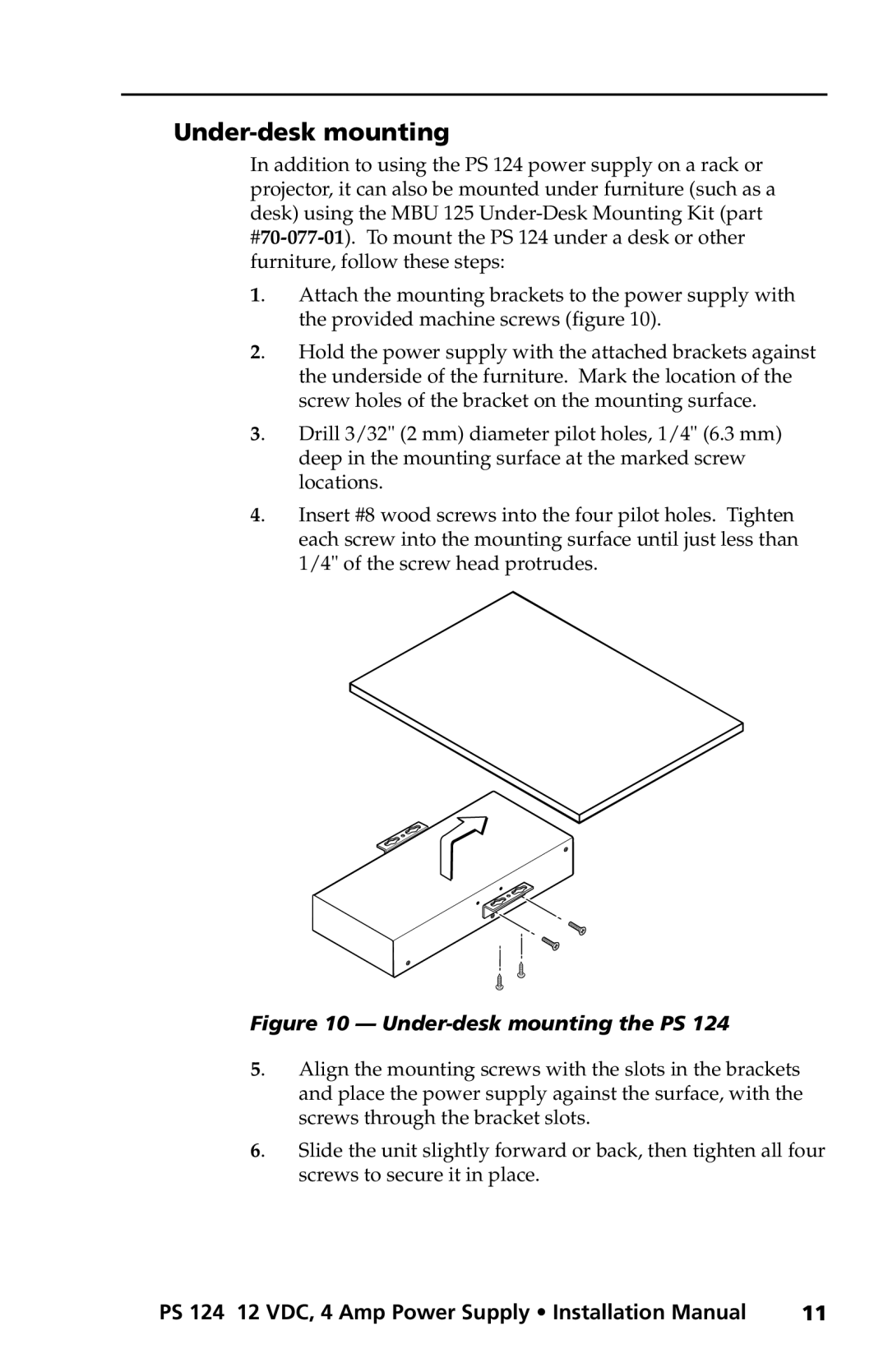 Extron electronic installation manual Under-desk mounting, PS 124 12 VDC, 4 Amp Power Supply Installation Manual 