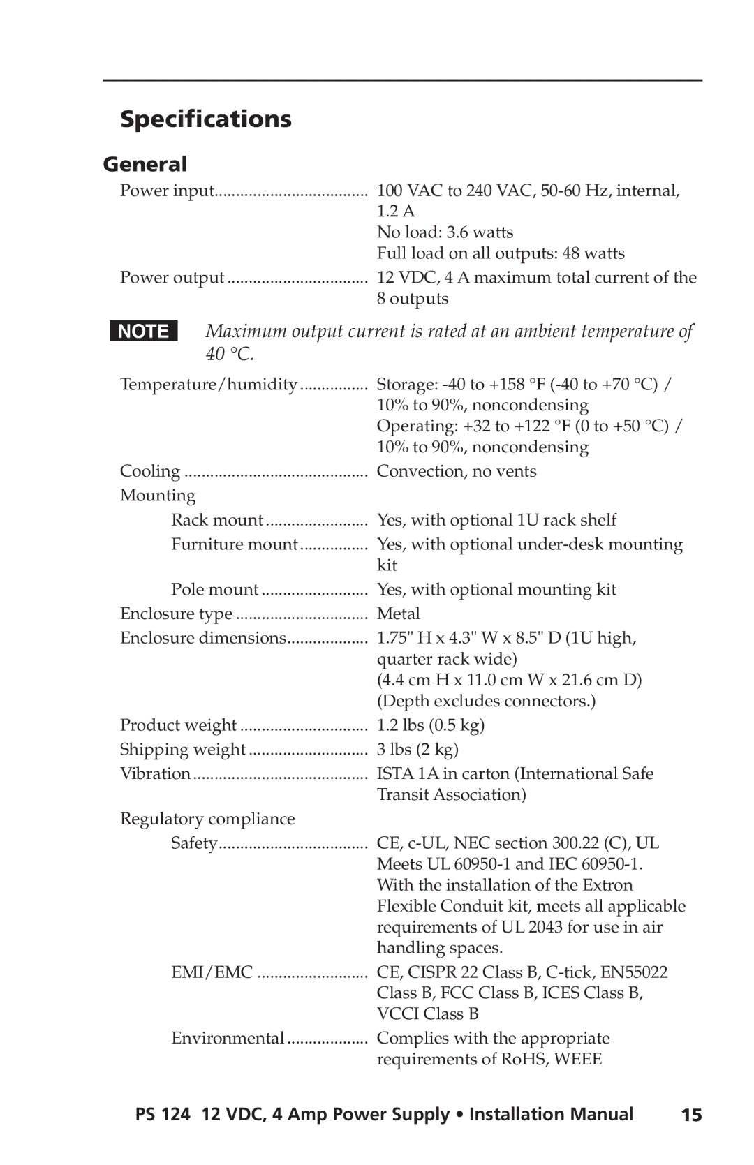 Extron electronic PS 124 installation manual Specifications, General 