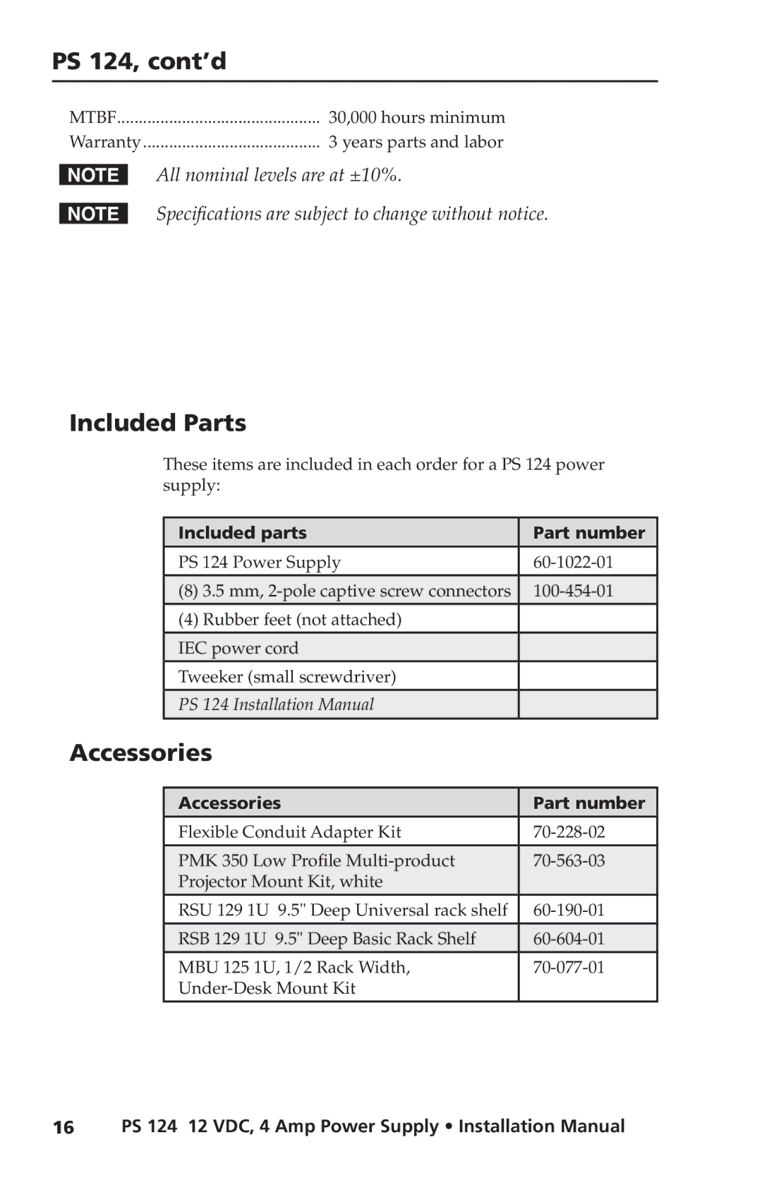 Extron electronic PS 124 installation manual Included Parts, Included parts Part number, Accessories Part number 