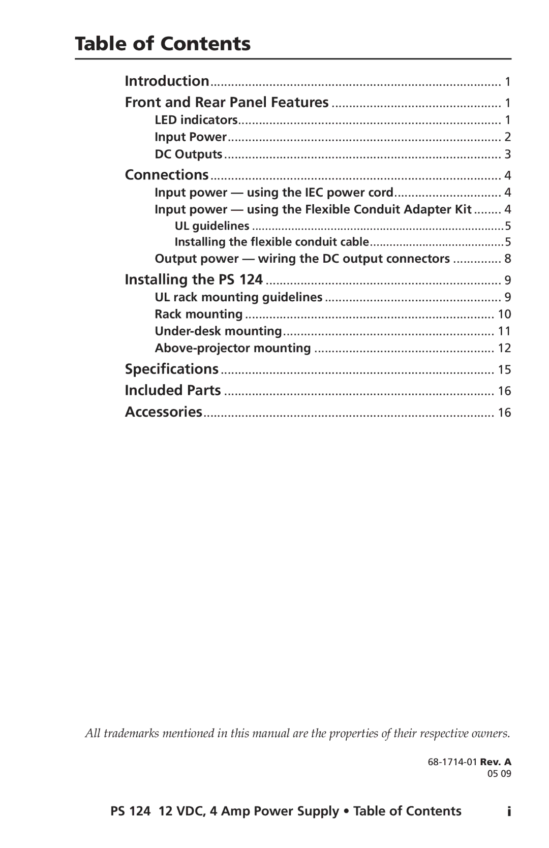 Extron electronic PS 124 installation manual Table of Contents 