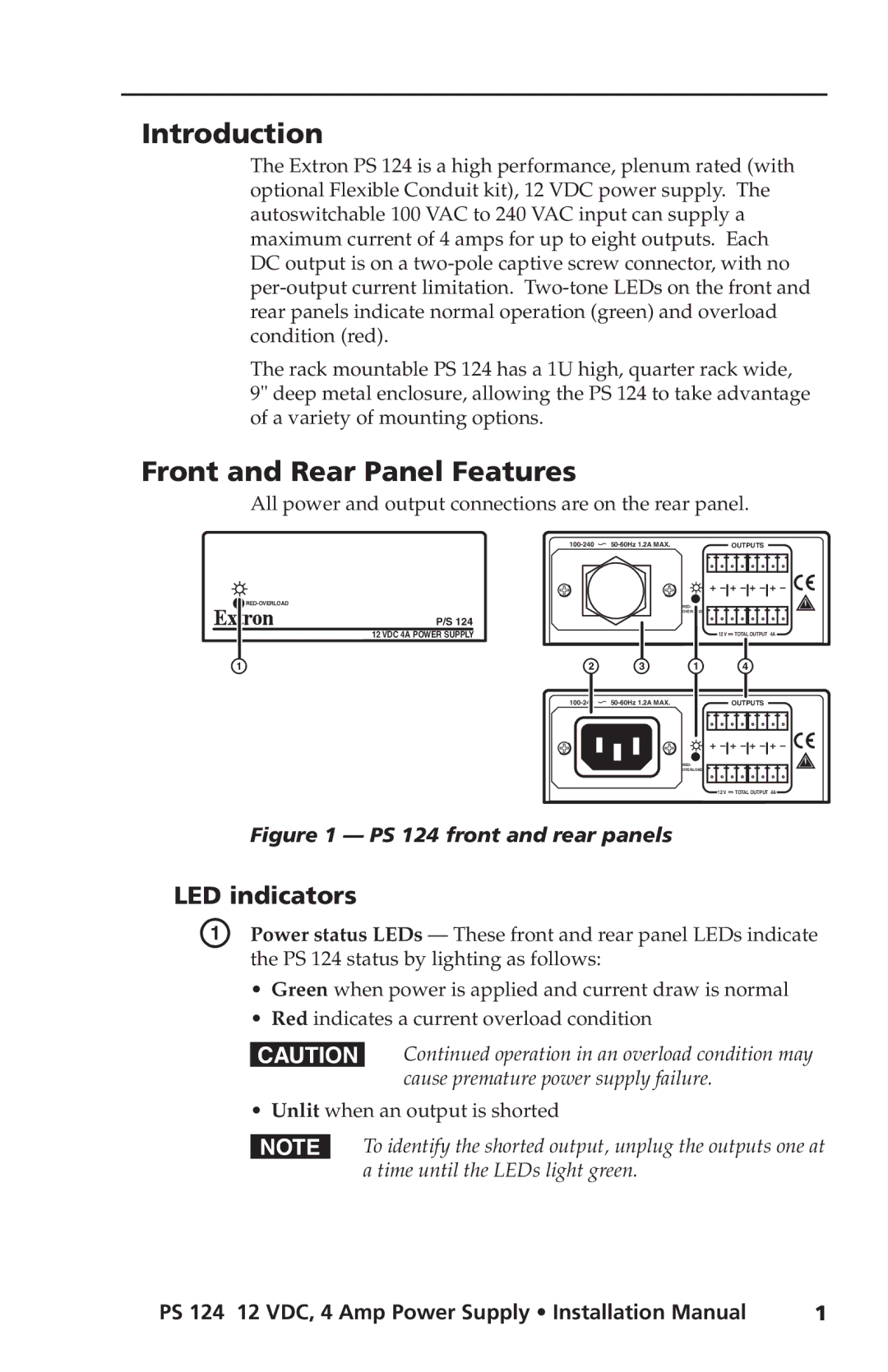 Extron electronic Introduction, Front and Rear Panel Features, LED indicators, PS 124 status by lighting as follows 