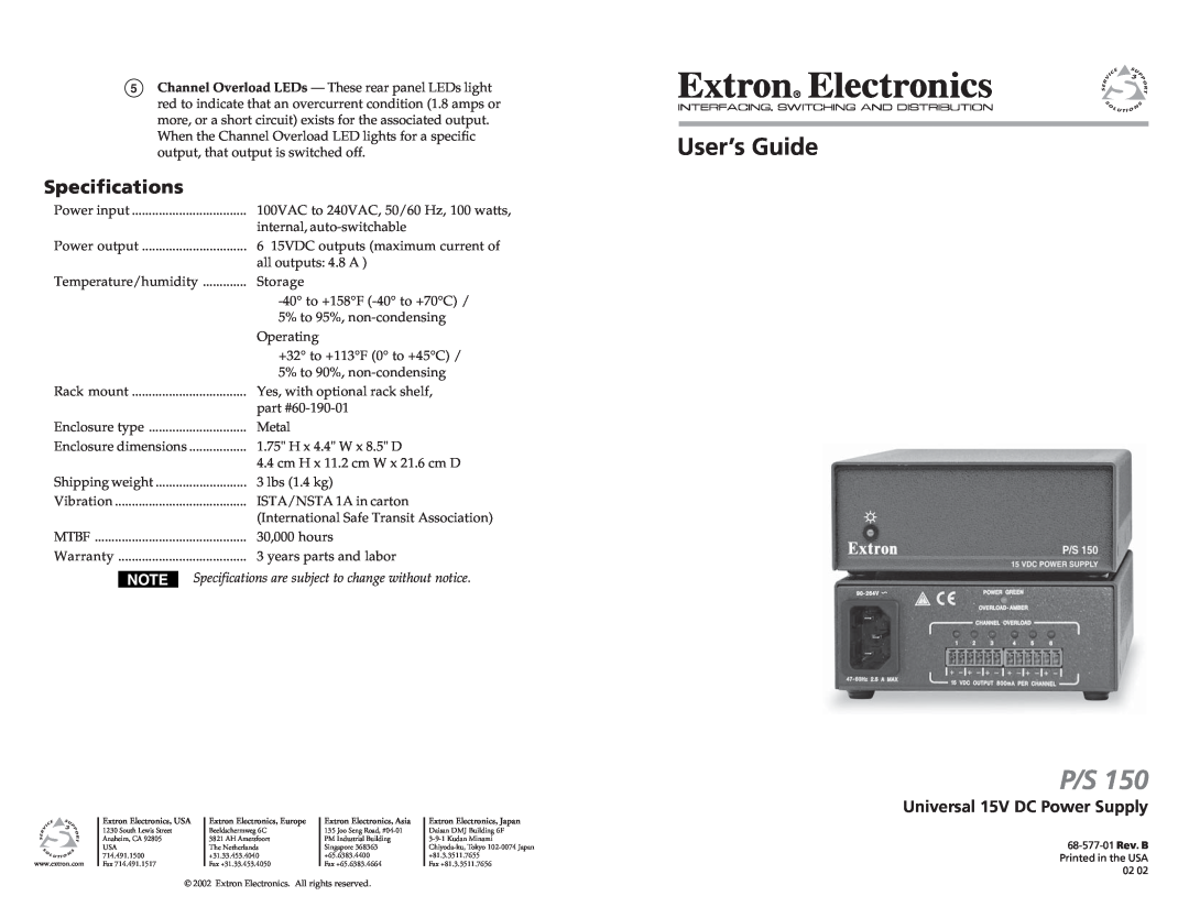 Extron electronic P/S 150 specifications Specifications are subject to change without notice, User’s Guide 
