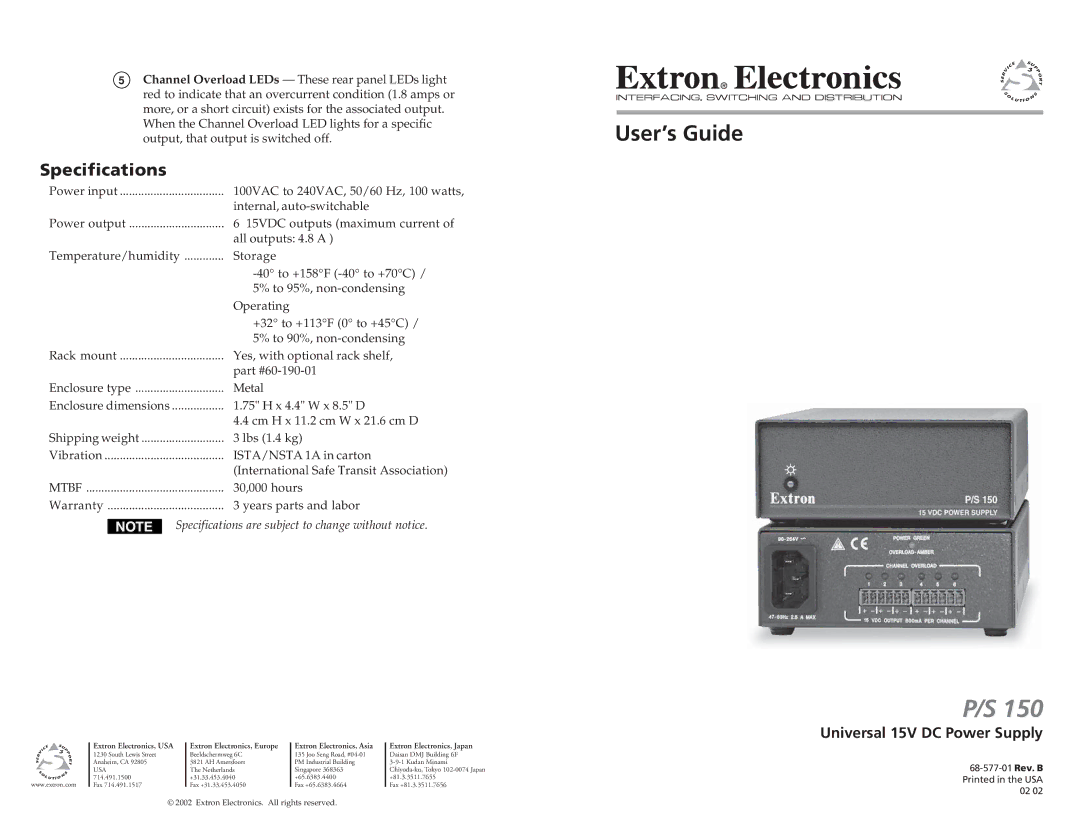 Extron electronic P/S 150 specifications User’s Guide, Specifications are subject to change without notice, Usa 