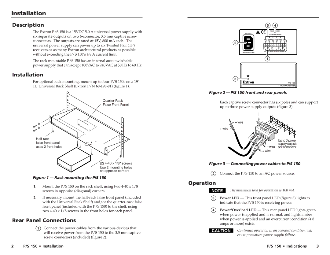 Extron electronic P/S 150 specifications Installation, Description, Rear Panel Connections, Operation 