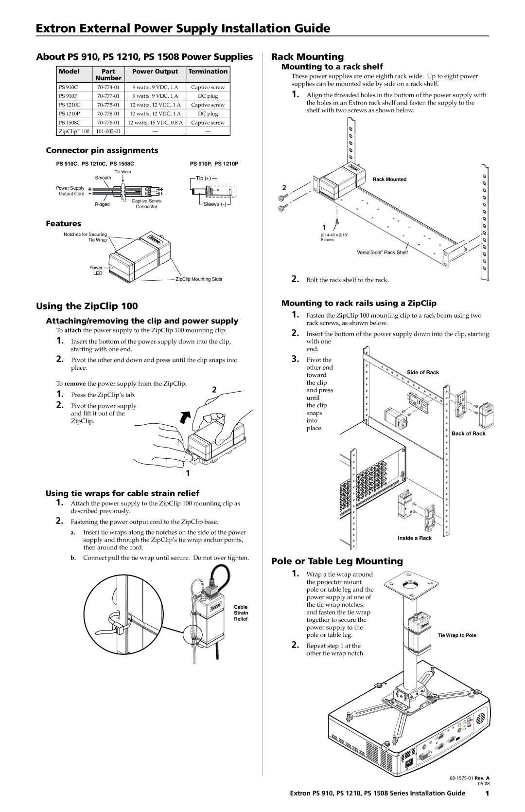 Extron electronic manual About PS 910, PS 1210, PS 1508 Power Supplies, Using the ZipClip, Rack Mounting 