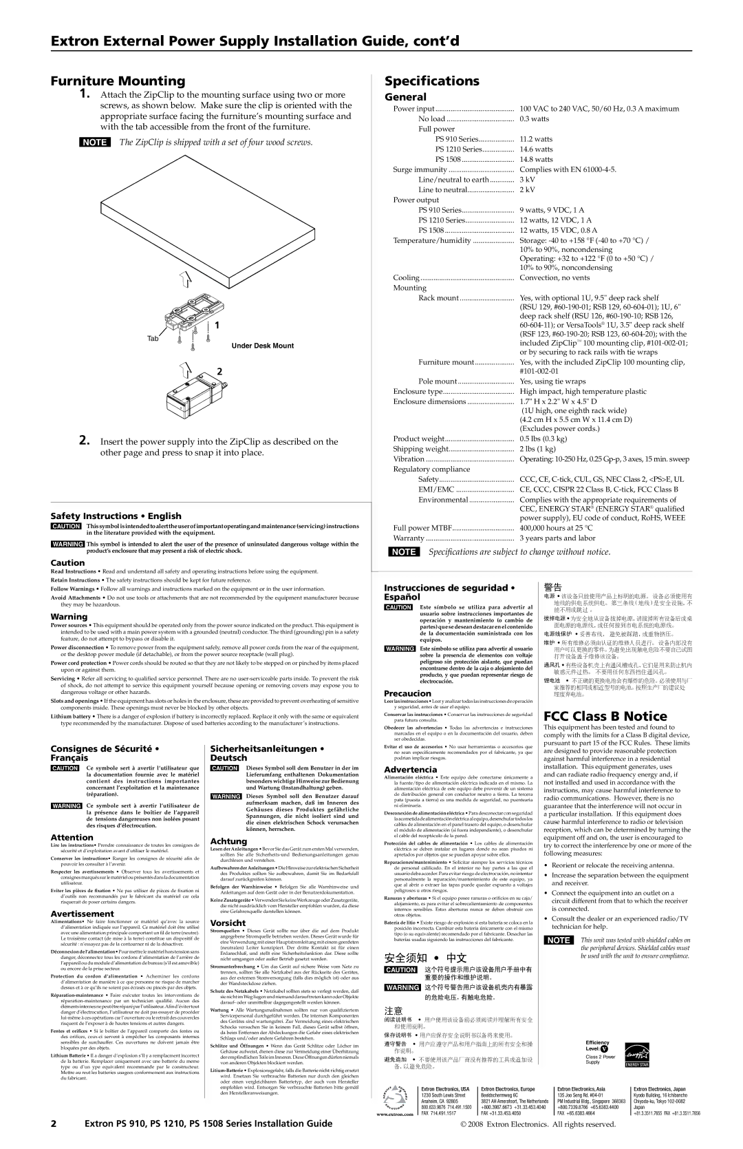 Extron electronic PS 1210, PS 910, PS 1508 manual Furniture Mounting, Specifications, FCC Class B Notice 